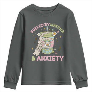 Funny Fueled By Matcha And Anxiety Youth Sweatshirt Matcha Lover TS11 Dark Heather Print Your Wear