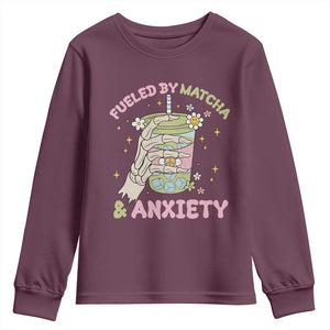 Funny Fueled By Matcha And Anxiety Youth Sweatshirt Matcha Lover TS11 Maroon Print Your Wear