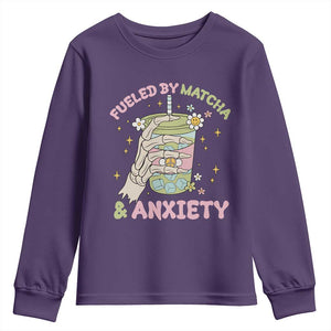 Funny Fueled By Matcha And Anxiety Youth Sweatshirt Matcha Lover TS11 Purple Print Your Wear