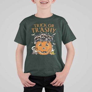 Funny Halloween T Shirt For Kid Trick Or Trashy Racoon Vintage Pumpkin Bat Trash TS11 Dark Forest Green Print Your Wear