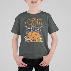 Funny Halloween T Shirt For Kid Trick Or Trashy Racoon Vintage Pumpkin Bat Trash TS11 Dark Heather Print Your Wear