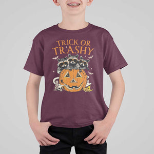 Funny Halloween T Shirt For Kid Trick Or Trashy Racoon Vintage Pumpkin Bat Trash TS11 Maroon Print Your Wear