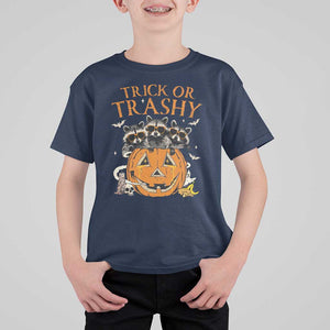 Funny Halloween T Shirt For Kid Trick Or Trashy Racoon Vintage Pumpkin Bat Trash TS11 Navy Print Your Wear