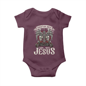 Christian Biker I Ride With Jesus Baby Onesie Religious Faith Motorcycle Rider Skull TS11 Maroon Print Your Wear