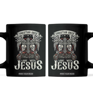 Christian Biker I Ride With Jesus Coffee Mug Religious Faith Motorcycle Rider Skull TS11 Black Print Your Wear