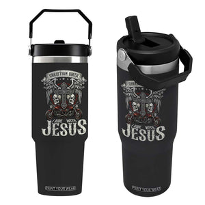 Christian Biker I Ride With Jesus Flip Straw Tumbler Religious Faith Motorcycle Rider Skull TS11 One Size: 30 oz Black Print Your Wear