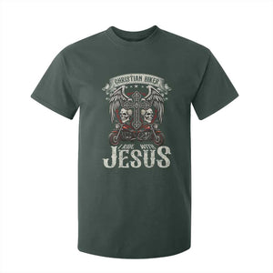 Christian Biker I Ride With Jesus T Shirt For Kid Religious Faith Motorcycle Rider Skull TS11 Dark Forest Green Print Your Wear