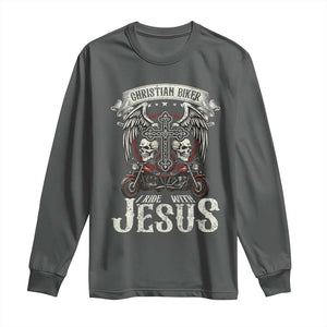 Christian Biker I Ride With Jesus Long Sleeve Shirt Religious Faith Motorcycle Rider Skull TS11 Dark Heather Print Your Wear