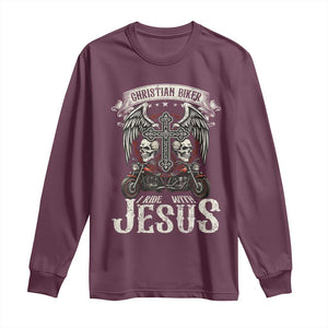 Christian Biker I Ride With Jesus Long Sleeve Shirt Religious Faith Motorcycle Rider Skull TS11 Maroon Print Your Wear