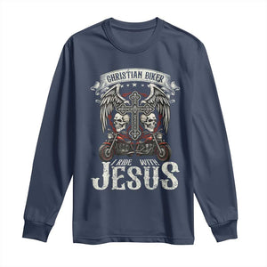 Christian Biker I Ride With Jesus Long Sleeve Shirt Religious Faith Motorcycle Rider Skull TS11 Navy Print Your Wear