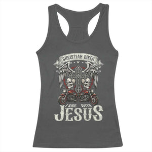 Christian Biker I Ride With Jesus Racerback Tank Top Religious Faith Motorcycle Rider Skull TS11 Dark Heather Print Your Wear