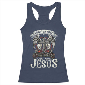 Christian Biker I Ride With Jesus Racerback Tank Top Religious Faith Motorcycle Rider Skull TS11 Navy Print Your Wear