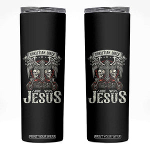 Christian Biker I Ride With Jesus Skinny Tumbler Religious Faith Motorcycle Rider Skull TS11 Black Print Your Wear