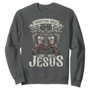 Christian Biker I Ride With Jesus Sweatshirt Religious Faith Motorcycle Rider Skull TS11 Dark Heather Print Your Wear