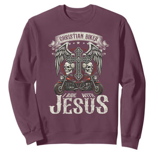 Christian Biker I Ride With Jesus Sweatshirt Religious Faith Motorcycle Rider Skull TS11 Maroon Print Your Wear