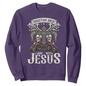 Christian Biker I Ride With Jesus Sweatshirt Religious Faith Motorcycle Rider Skull TS11 Purple Print Your Wear