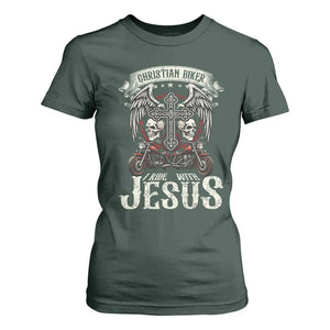 Christian Biker I Ride With Jesus T Shirt For Women Religious Faith Motorcycle Rider Skull TS11 Dark Forest Green Print Your Wear