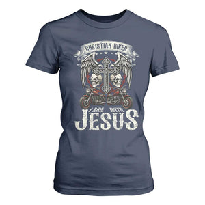 Christian Biker I Ride With Jesus T Shirt For Women Religious Faith Motorcycle Rider Skull TS11 Navy Print Your Wear