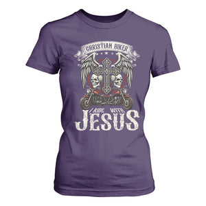 Christian Biker I Ride With Jesus T Shirt For Women Religious Faith Motorcycle Rider Skull TS11 Purple Print Your Wear