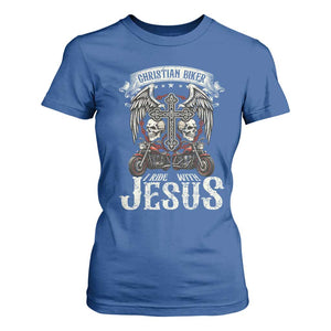 Christian Biker I Ride With Jesus T Shirt For Women Religious Faith Motorcycle Rider Skull TS11 Royal Blue Print Your Wear