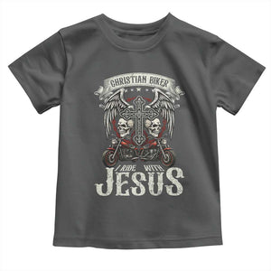 Christian Biker I Ride With Jesus Toddler T Shirt Religious Faith Motorcycle Rider Skull TS11 Dark Heather Print Your Wear