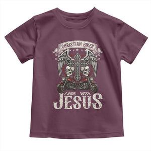 Christian Biker I Ride With Jesus Toddler T Shirt Religious Faith Motorcycle Rider Skull TS11 Maroon Print Your Wear