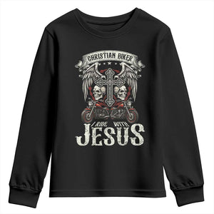 Christian Biker I Ride With Jesus Youth Sweatshirt Religious Faith Motorcycle Rider Skull TS11 Black Print Your Wear