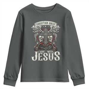 Christian Biker I Ride With Jesus Youth Sweatshirt Religious Faith Motorcycle Rider Skull TS11 Dark Heather Print Your Wear