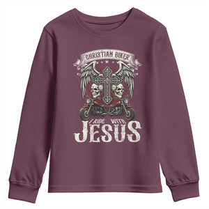Christian Biker I Ride With Jesus Youth Sweatshirt Religious Faith Motorcycle Rider Skull TS11 Maroon Print Your Wear