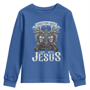Christian Biker I Ride With Jesus Youth Sweatshirt Religious Faith Motorcycle Rider Skull TS11 Royal Blue Print Your Wear