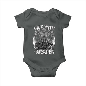 Christian Biker Baby Onesie Ride With Jesus Religious Faith Motorcycle Rider TS11 Dark Heather Print Your Wear