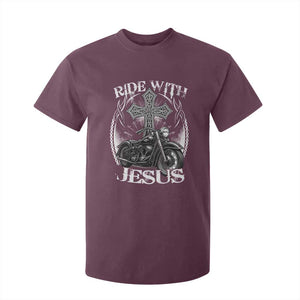 Christian Biker T Shirt For Kid Ride With Jesus Religious Faith Motorcycle Rider TS11 Maroon Print Your Wear