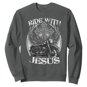Christian Biker Sweatshirt Ride With Jesus Religious Faith Motorcycle Rider TS11 Dark Heather Print Your Wear