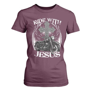 Christian Biker T Shirt For Women Ride With Jesus Religious Faith Motorcycle Rider TS11 Maroon Print Your Wear