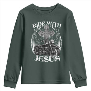 Christian Biker Youth Sweatshirt Ride With Jesus Religious Faith Motorcycle Rider TS11 Dark Forest Green Print Your Wear