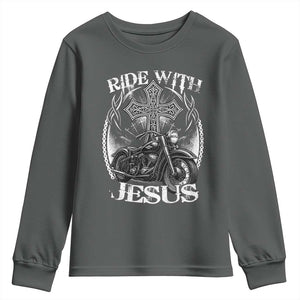 Christian Biker Youth Sweatshirt Ride With Jesus Religious Faith Motorcycle Rider TS11 Dark Heather Print Your Wear