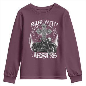 Christian Biker Youth Sweatshirt Ride With Jesus Religious Faith Motorcycle Rider TS11 Maroon Print Your Wear