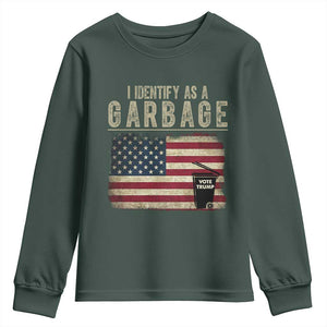 Funny Trump Garbage 2024 Youth Sweatshirt I Identify As A Garbage Vote Trump American Flag TS11 Dark Forest Green Print Your Wear
