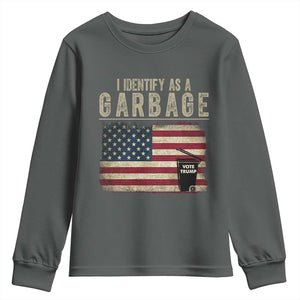 Funny Trump Garbage 2024 Youth Sweatshirt I Identify As A Garbage Vote Trump American Flag TS11 Dark Heather Print Your Wear