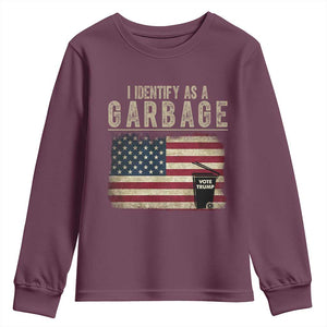 Funny Trump Garbage 2024 Youth Sweatshirt I Identify As A Garbage Vote Trump American Flag TS11 Maroon Print Your Wear