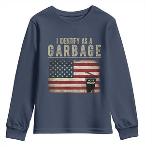 Funny Trump Garbage 2024 Youth Sweatshirt I Identify As A Garbage Vote Trump American Flag TS11 Navy Print Your Wear