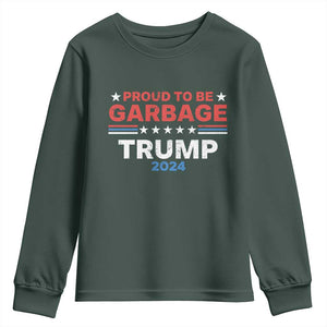 Funny Trump Garbage Youth Sweatshirt Proud To Be Garbage Trump 2024 American Flag TS11 Dark Forest Green Print Your Wear