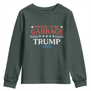 Funny Trump Garbage Youth Sweatshirt Proud To Be Garbage Trump 2024 Star Striped TS11 Dark Forest Green Print Your Wear