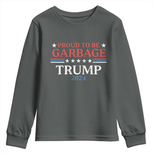 Funny Trump Garbage Youth Sweatshirt Proud To Be Garbage Trump 2024 Star Striped TS11 Dark Heather Print Your Wear