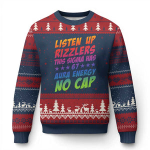 Funny Listen Up Rizzlers This Sigma Has 67 Aura Energy No Cap Ugly Christmas Sweater TS11 Navy Red Print Your Wear