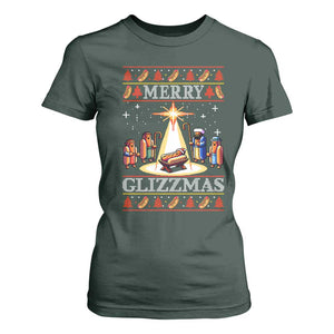 Funny Merry Glizzmas T Shirt For Women Hot Dog Christmas Nativity Scene TS11 Dark Forest Green Print Your Wear