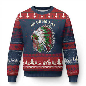 Funny Xmas Native American Ugly Christmas Sweater Ho Ho Ho Lay Vintage War Bonnet TS11 Navy Red Print Your Wear