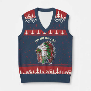 Funny Xmas Native American V-Neck Knit Sweater Vest Ho Ho Ho Lay Vintage War Bonnet TS11 Navy Red Print Your Wear