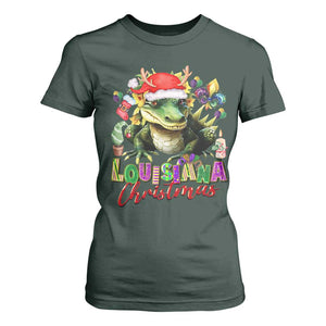 Funny Cajun Louisiana Christmas Santa's Alligator T Shirt For Women TS11 Dark Forest Green Print Your Wear