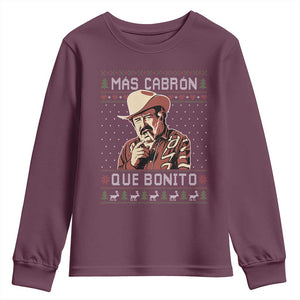 Funny Julian Garza Christmas Youth Sweatshirt Mas Cabron Que Bonito Cowboy Holiday Mexican Xmas TS11 Maroon Print Your Wear